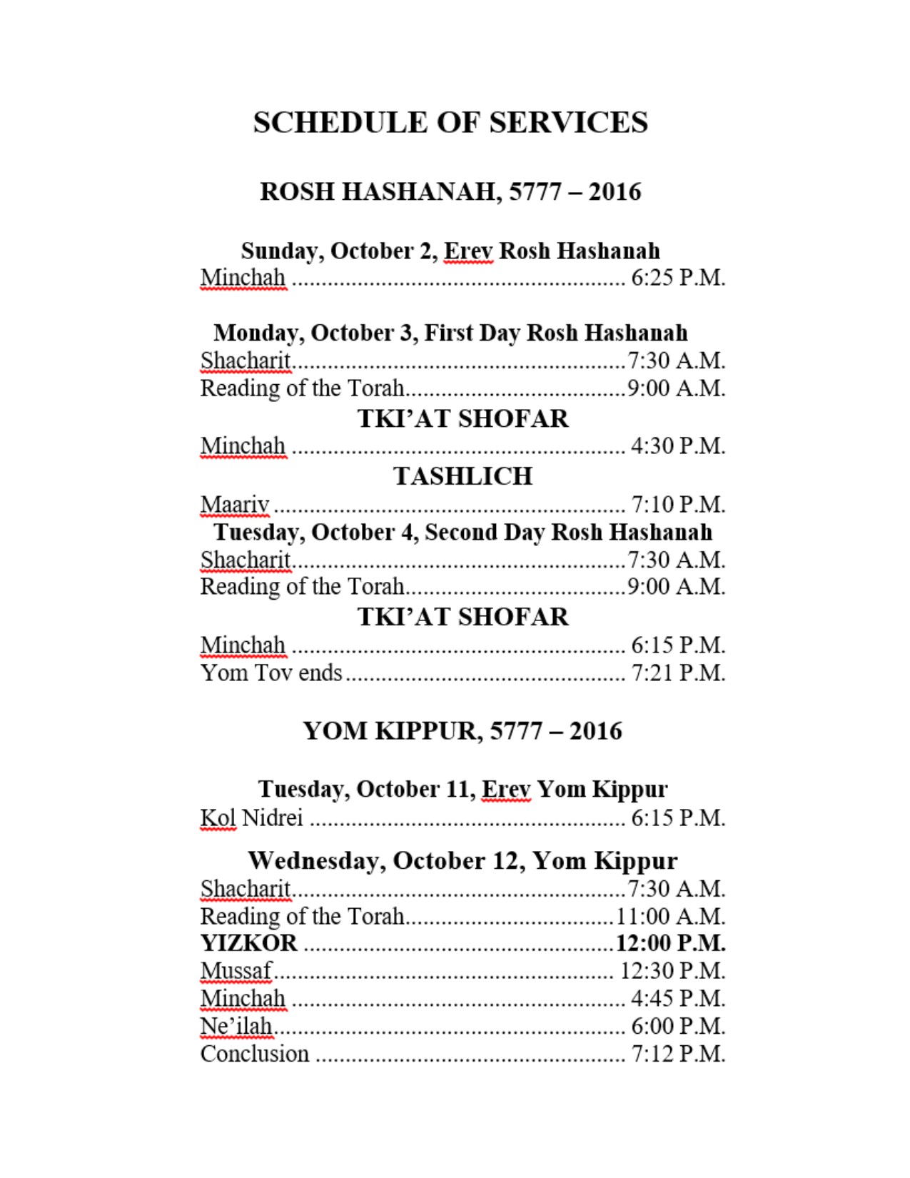 HH schedule Machane Chodosh